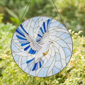 White Dove Azure Blue Wings Golden Curved Lines - Wildlife Lover Home Decor Gift Stained Glass Suncatcher