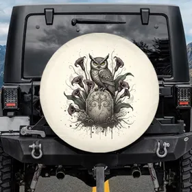Majestic Owl Gothic Tombstone Elegant Dark Plum Calla Lilies - Gothic Decor Gift Spare Tire Cover