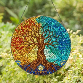 Tree of Life Autumnal Blue Green Art Nouveau Roots Floral Scene - Home Decor Gift Stained Glass Suncatcher