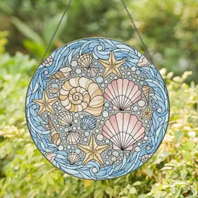 Conch Scallop Seashell Starfish Ocean Wave Sand - Coastal Home Decor Gift Stained Glass Suncatcher