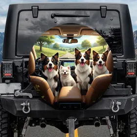 Happy Diverse Dogs Road Trip Countryside Car Interior - Dog Lover Gift Spare Tire Cover