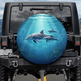 Three Graceful Bottlenose Dolphins Deep Ocean Scene - Aquatic Wildlife Home Decor Gift Spare Tire Cover
