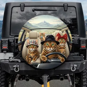 Bengal Cats Driving Luxury Car Mountain View - Travel Essentials Gift for Cat Lover Spare Tire Cover