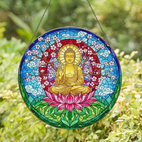 Golden Buddha Pink Lotus Cherry Blossom - Home Decor Gift for Yoga Lover Stained Glass Suncatcher