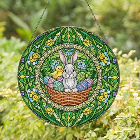 Bunny Rabbit Chick Easter Eggs Woven Basket - Easter Home Decor Gift Stained Glass Suncatcher