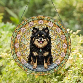 Fluffy Black Pomeranian Dog Floral Circle - Home Decor Gift for Dog Lover Stained Glass Suncatcher