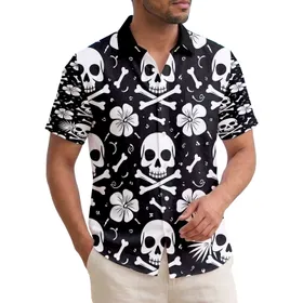 White Skulls Crossbones Bones Palm Fronds Hibiscus - Tropical Lifestyle Gift Hawaiian Shirt