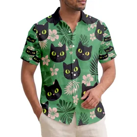 Black Cat Faces Monstera Palm Hibiscus - Tropical Home Decor Gift for Cat Lovers Hawaiian Shirt