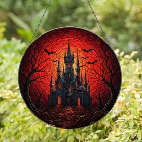 Glowing Red Windows Gothic Castle Blood Moon Bats Skeletal Trees - Home Decor Gift Stained Glass Suncatcher