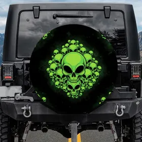 Neon Green Alien Skull Heads - Vehicle Decor Gift for Alien Lover Spare Tire Cover