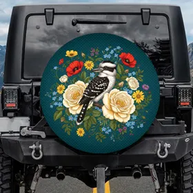 Black Spotted Bird Antique Roses Wildflowers - Wildlife Lover Home Decor Gift Spare Tire Cover