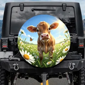 Calf Daisies Monarch Butterfly - Farmhouse Decor Gift for Animal Lover Spare Tire Cover