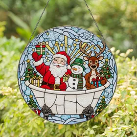 Santa Snowman Reindeer Bathtub Presents - Christmas Holiday Home Decor Gift Stained Glass Suncatcher