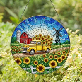 Vintage Pickup Truck Sunflowers Barn Windmill Farmhouse Decor Gift for Farm Lovers Stained Glass Suncatcher