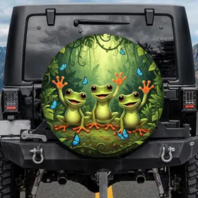 Waving Tropical Green Frogs Blue Butterflies Jungle Foliage - Wildlife Lover Gift Spare Tire Cover