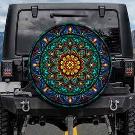 Stained Glass Mandala Rosette - Vehicle Decor Gift for Art Lovers Spare Tire Cover