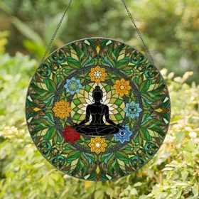 Black Silhouette Meditating Figure Chakra Mandala - Yoga Home Decor Gift Stained Glass Suncatcher