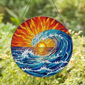 Dramatic Breaking Ocean Wave Sunset - Home Decor Gift for Ocean Lover Stained Glass Suncatcher