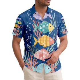 School of Six Fish Ascending Bubbles Coral Sea Plants - Tropical Aquatic Lifestyle Gift Hawaiian Shirt