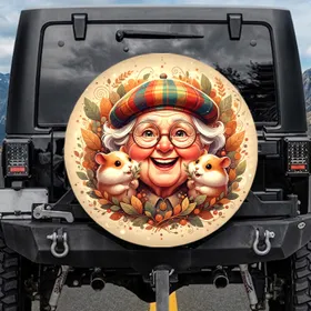 Smiling Grandparent Hamsters Plaid Beret Glasses - Outdoor Lifestyle Gift Spare Tire Cover