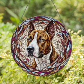 Intense Gaze Stained Glass American Staffordshire Terrier Pitbull Portrait - Home Decor Gift Stained Glass Suncatcher