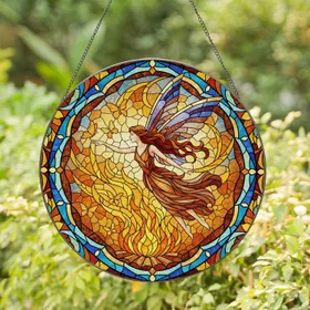 Tiffany Stained Glass Fairy Bonfire Butterflies Mosaic - Fantasy Home Decor Gift Stained Glass Suncatcher