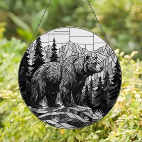 Shaggy Fur Bear Forest Mountains Pine Trees - Home Decor Accent Gift for Wildlife Lover Stained Glass Suncatcher