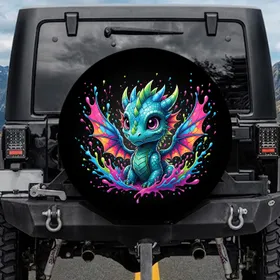 Baby Dragon Pink Eyes Spiky Crest Paint Splatter - Fantasy Lover Gift Spare Tire Cover