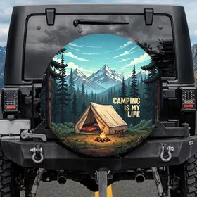 Camping Is My Life Tent Campfire Mountains - Outdoor Adventure Gift for Campers Spare Tire Cover