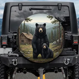 Black Bear Cub Log Cabin Forest Wilderness - Wildlife Lover Gift for Bear Lovers Spare Tire Cover