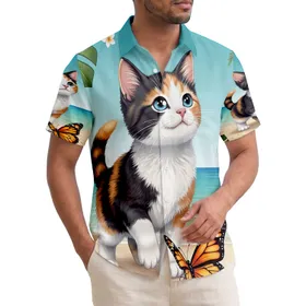 Vibrant Calico Kitten Butterfly Tropical Beach Ocean Scene - Wildlife Lover Home Decor Gift Hawaiian Shirt