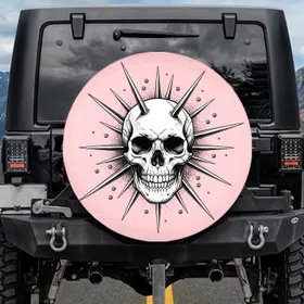 Pastel Pink Black White Aged Skull Bared Teeth Spikes Studs - Vehicle Decor Gift Spare Tire Cover
