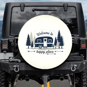 Vintage Camper Pine Trees Welcome Happy Place - Travel Lover Gift Spare Tire Cover