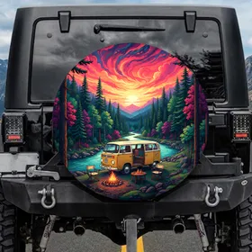 Vintage Camper Van Campfire River Forest Sunset - Camping Lifestyle Gift Spare Tire Cover