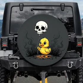 Fluffy Yellow Duckling Holding Skull Shaped Balloon, Grunge Smoke - Everyday Home Decor Gift Spare Tire Cover
