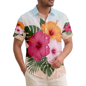 Fuchsia Orange Pink Hibiscus Flowers Tropical Leaves - Tropical Lifestyle Gift Hawaiian Shirt