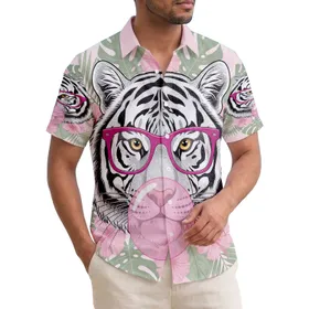Tiger Bubble Gum Eyeglasses Hibiscus - Tropical Home Decor Gift for Wildlife Lover Hawaiian Shirt