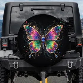 Ornate Iridescent Butterfly Gemstone Gold Filigree - Vehicle Style Accent Gift Spare Tire Cover