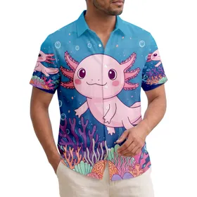 Smiling Pink Axolotl Coral Scene - Ocean Life Enthusiast Gift Hawaiian Shirt