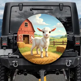 Fluffy Baby Goat Golden Hay Rustic Barn - Farmhouse Decor Gift for Farm Lover Spare Tire Cover
