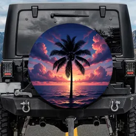 Tall Palm Tree Silhouette Sunset Ocean - Tropical Travel Gift for Adventurers Spare Tire Cover