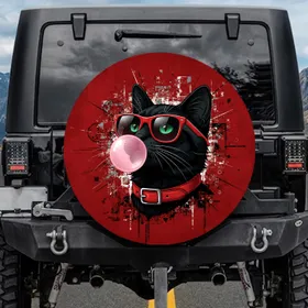 Black Cat Red Sunglasses Bubblegum - Everyday Vehicle Decor Gift for Cat Lovers Spare Tire Cover