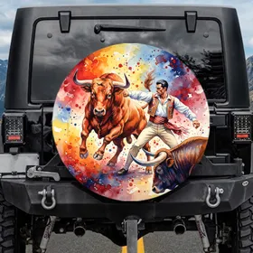 Charging Bull Leaping Male Figure - Adventure Lover Gift for Men Spare Tire Cover