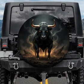 Black Bull Golden Horns Swirling Dust - Powerful Wildlife Lover Gift Spare Tire Cover