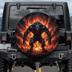 Chained Werewolf Amber Eyes Infernal Fire - Fantasy Lover Automotive Decor Spare Tire Cover