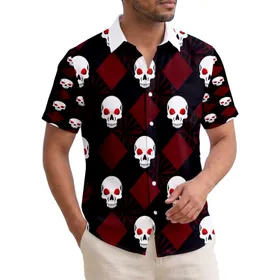 White Skulls Glowing Red Eyes Hibiscus Argyle - Dark Tropical Lifestyle Gift Hawaiian Shirt