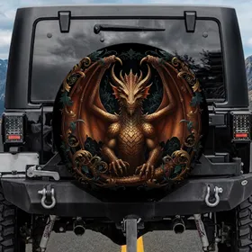 Ancient Dragon Golden Scales Scrollwork Foliage - Fantasy Lover Home Decor Gift Spare Tire Cover