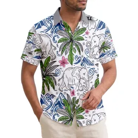 African Elephants Tropical Mountains Palm Fronds Hibiscus - Wildlife Lover Gift Hawaiian Shirt