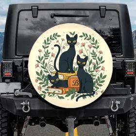 Vintage Books Black Cats Wildflowers - Home Decor Gift for Cat Lovers Spare Tire Cover