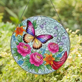 Tiffany Stained Glass Butterfly Floral Mosaic - Home Decor Gift for Butterfly Lovers Stained Glass Suncatcher